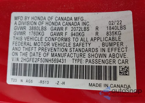 2022 Honda Civic Sport z USA, uszkodzony, nr VIN 2HGFE2F50NH569431